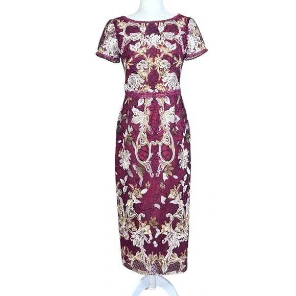 MARCHESA NOTTE Embroidered Guipure Tea Dress 4 Floral Metallic Party Evening - Picture 2 of 16